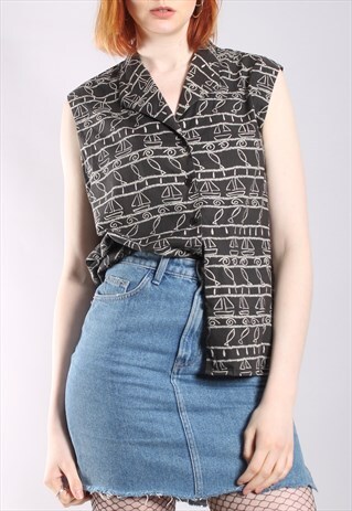 VINTAGE 80S PATTERNED SLEEVELESS SHIRT TOP