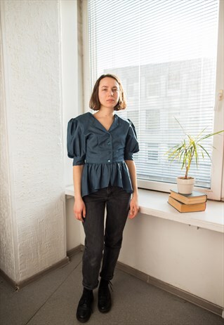 VINTAGE 70'S BLUE/GREY PUFF SLEEVED BLOUSE