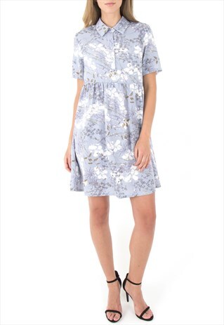 COLLARED FRONT BUTTON FLORAL PRINT A-LINE MINI SMOCK DRESS