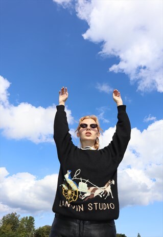 VINTAGE EMBROIDERED BLACK FINE WOOL KNIT JUMPER