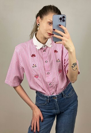 STRIPED COTTON STRIPED SHIRT WITH COLLAR, COTTAGECORE BLOUSE
