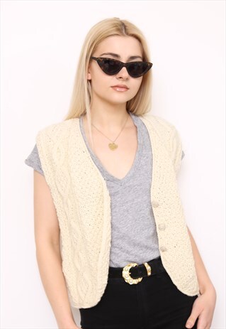 VINTAGE 70S CREAM ARAN CABLE KNIT WAISTCOAT