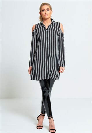 BLACK STRIPED COLD SHOULDER SPLIT SIDE SHIRT