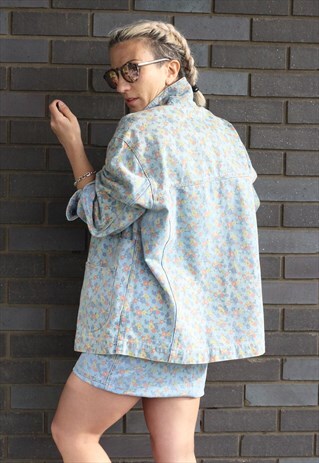 VINTAGE 1990S FLORAL PRINTED OVERSIZED DENIM JACKET