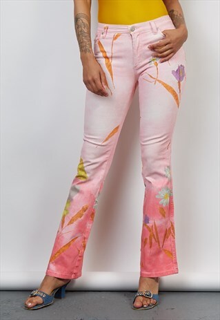 VINTAGE 90'S CAVALLI PINK FLORAL FLARED JEANS