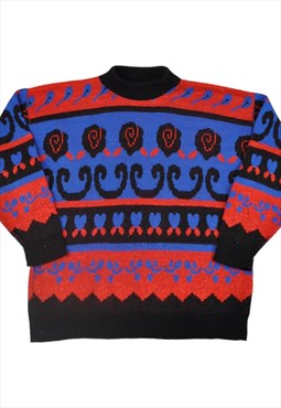 Vintage Knitted Jumper Retro Pattern Red/Blue Ladies Medium