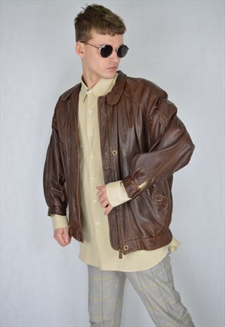 VINTAGE BROWN LEATHER BOMBER JACKET