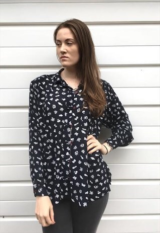 WOMENS VINTAGE 80S BLOUSE FLORAL SHIRT B&W LONG SLEEVED TOP