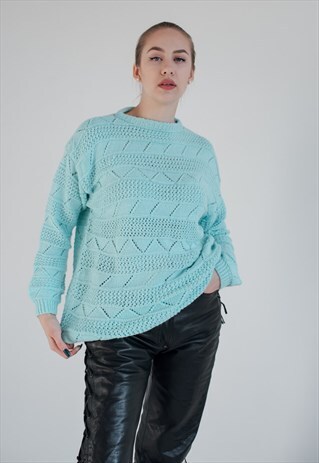 VINTAGE 80S BOXY KNITWEAR WOMEN JUMPER IN MINT GREEN S/M