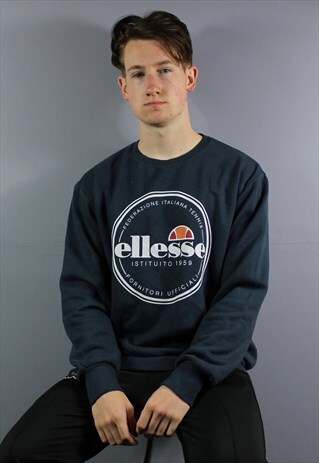 VINTAGE ELLESSE SWEATSHIRT IN NAVY WITH PRINTED SPELLOUT LOG