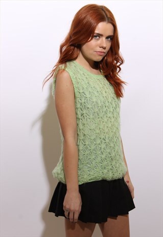 VINTAGE 1960'S 60'S HONEYDEW GREEN WOVEN JUMPER PULLOVER M-L