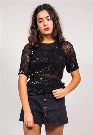 VINTAGE 90'S BLACK SEQUIN MESH TOP