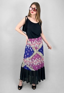 70's Vintage Wilbor Black Grecian Floral Prairie Midi Dress