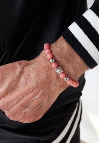 ROSE QUARTZ POWER BRACELET WITH SILVER BUDDHA HEAD