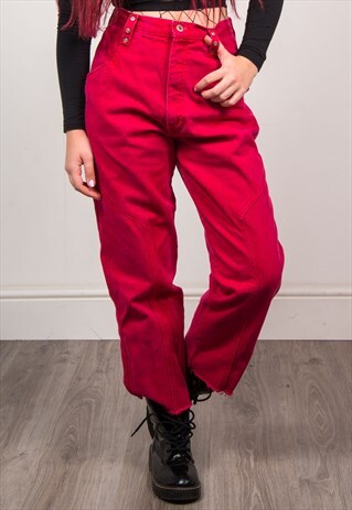VINTAGE 90'S RED DENIM HIGH WAIST RAW HEM MOM JEANS