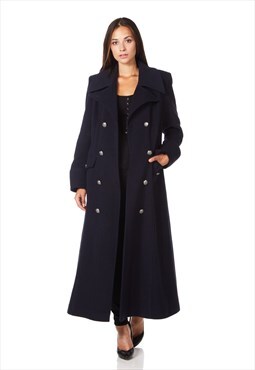 Navy Blue Wool Blend Maxi Coat