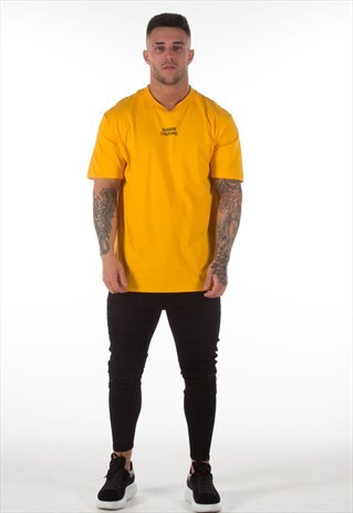 GOLD T-SHIRT WITH BLACK TEXT LOGO