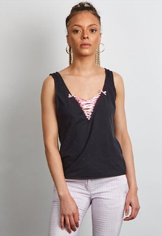 RARE VINTAGE 90'S DOLCE & GABBANA PINK LACED BLACK TANK TOP