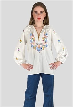 70's White Vintage Tunic Smock Blouse Hand Embroidery