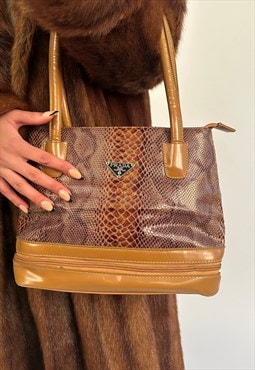 Prada Brown Tan Snake Print Leather Shoulder Bag