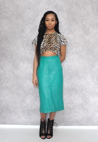 VINTAGE 1990S TEAL GREEN LEATHER PENCIL SKIRT