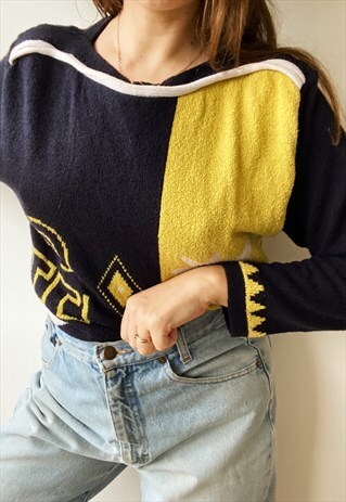 VINTAGE 80S MULTICOLOR ABSTRACT KNIT LONGLINE JUMPER SWEATER