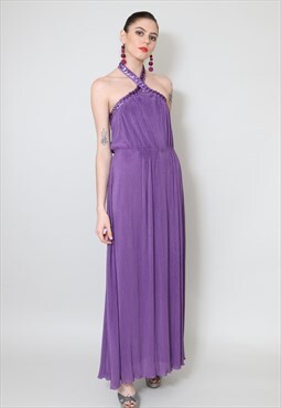 70's Ladies Vintage Dress Purple Studio 54 Pleated Maxi