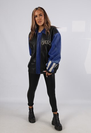 VINTAGE LEATHER BOMBER JACKET OVERSIZED GREECE UK 16 (B9C)