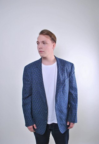 RETRO BLUE MEN PATTERN PARTY SUIT WOOL BLAZER, SIZE XL