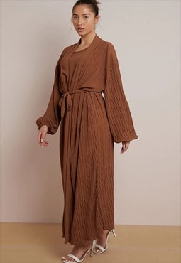 Crinkle dress and cardigan 2 piece set (Brown)