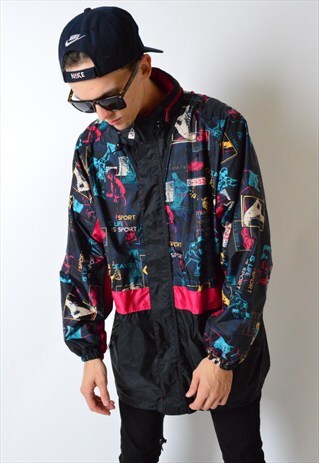 VINTAGE 90S COLOURFUL SHELL WINDBREAKER JACKET WITH HOOD