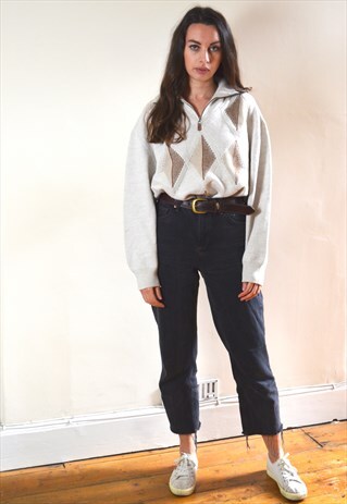 80S VINTAGE CREAM PATTERN 1/4 ZIP MERINO WOOL KNIT JUMPER