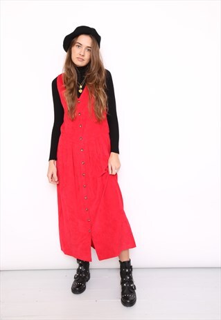 VINTAGE 90S RED CORD CORDUROY PINAFORE MIDI DRESS