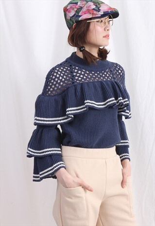 (KOREAN) RUFFLE TRIMMED TEXTURAL SWEATER WITH OPENWORK