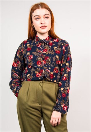 VINTAGE 90'S BLUE ROSE & PAISLEY PATTERN CORD SHIRT