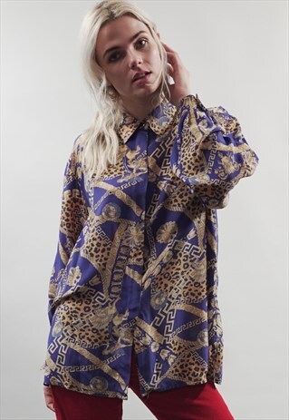 VINTAGE 80'S BLUE LEOPARD/ CHAIN PRINT SHIRT