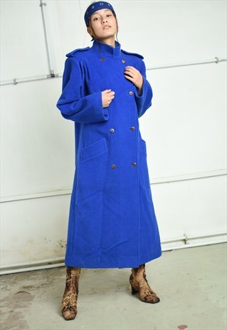 80'S RETRO WOOL MINIMALIST WINTER LONGLINE COAT IN BLUE