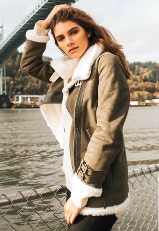 BELTED FAUX SUEDE AVIATOR JACKET