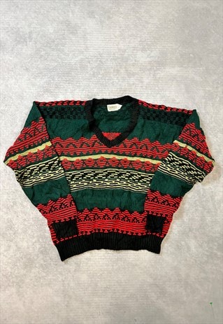 VINTAGE ABSTRACT KNITTED JUMPER PATTERNED GRANDAD SWEATER