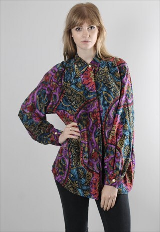 VINTAGE 80S SILK BRIGHT CRAZY PATTERNED SHIRT BLOUSE TOP