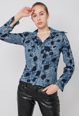 Vintage Y2k Fitted Grunge Chic Shirt in Blue Pattern