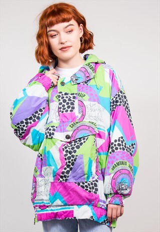90'S VINTAGE FUNKY PATTERN QUARTER ZIP HOODED SKI COAT
