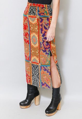 VINTAGE 1970'S MIXED PAISLEY PRINT VELVET MAXI SKIRT