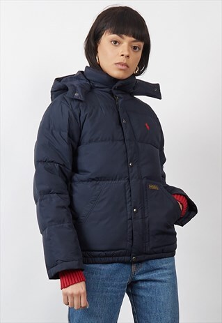 VINTAGE 90'S POLO RALPH LAUREN NAVY HOODED PUFFER JACKET