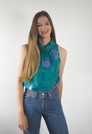 VINTAGE GREEN FLORAL SLEEVELESS BLOUSE