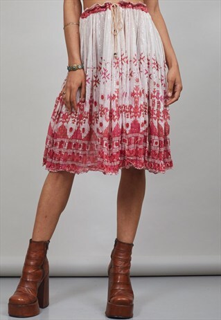 HAND PAINTED 70'S WHITE VINTAGE INDIAN MIDI SKIRT