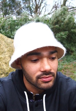 white fluffy bucket hat