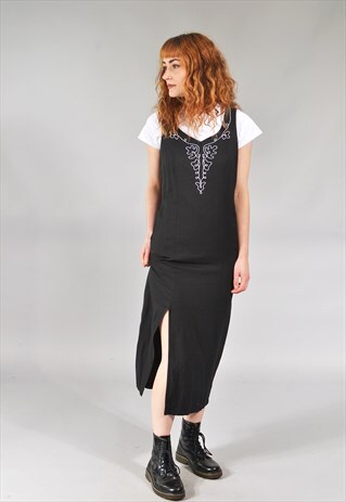 VINTAGE BLACK EMBROIDERED LONG CLASSIC DRESS