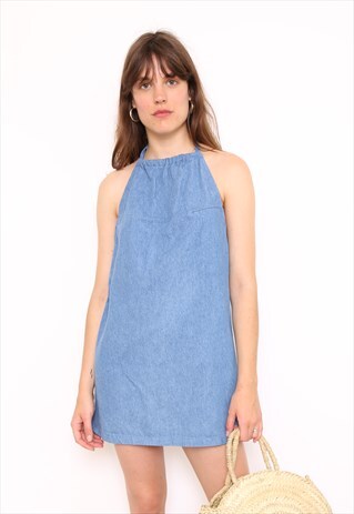 VINTAGE REWORKED BLUE DENIM HALTER NECK MINI DRESS