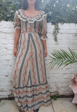 VINTAGE 80S FLORAL BARDOT PEASANT MAXI DRESS